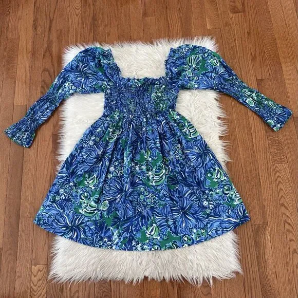 Lilly Pulitzer Beyonca Smocked Floral Mini Dress Women’s Small Blue Green Pocket - Picture 4 of 13